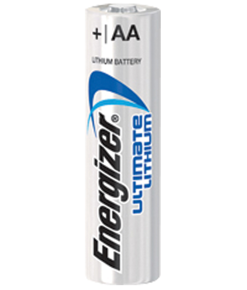 Eine Energizer Ultimate Lithium AA-Batterie vor weißem Hintergrund mit blau-schwarzem Branding.
