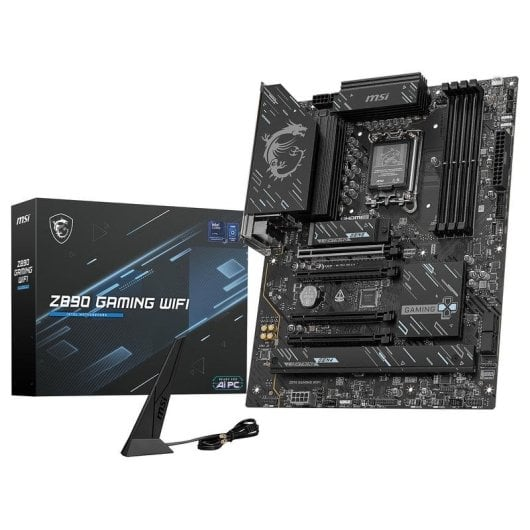 Scheda madre MSI Z890 Gaming WiFi con scatola e antenna Wi-Fi nera su sfondo bianco.