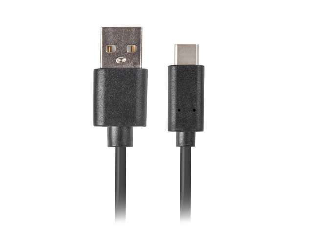Złącze USB-A obok złącza USB-C z czarnymi kablami na białym tle.