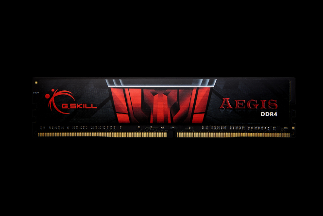 Un modulo RAM G.Skill Aegis DDR4 con design rosso e nero su sfondo nero.