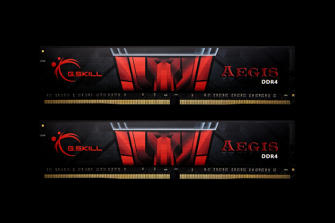 Due moduli di RAM DDR4 G.SKILL AEGIS con design nero e rosso su sfondo nero.