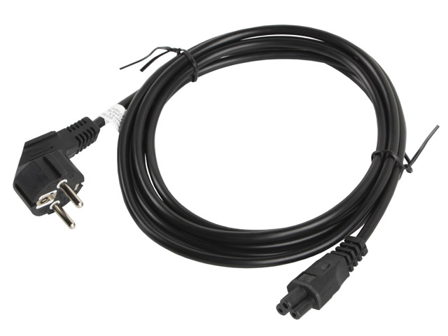 A coiled black power cable with a grounded plug and a three-prong connector on a white background.