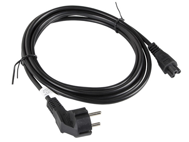 A coiled black power cable with a European plug and a three-pin connector on a white background.