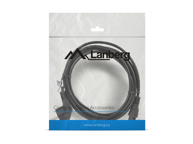 A black Lanberg power cable packaged in a sealed plastic bag with brand logo.