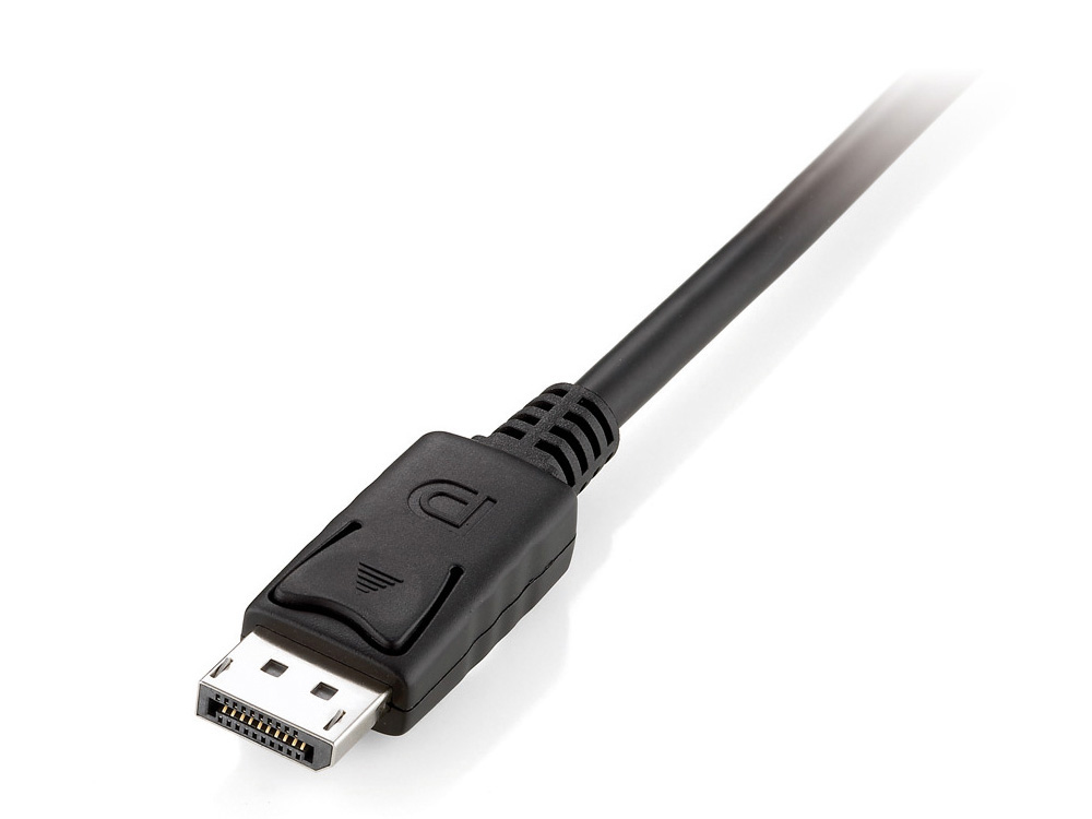 Ein schwarzes DisplayPort-Kabel mit Stecker auf weißem Hintergrund.