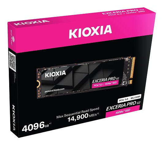 Kioxia Exceria Pro G2 SSD in black and pink box featuring 4096GB capacity and 14,900 MB/s read speed.