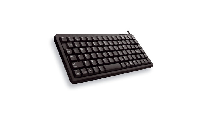 A black compact computer keyboard is shown at an angle against a white background with a subtle shadow.
