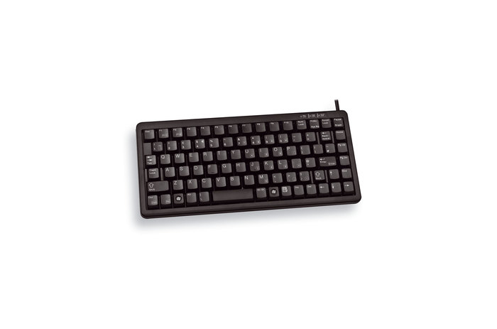A compact black computer keyboard with white lettering on a white background.