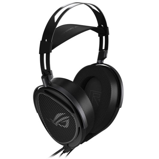 Cuffie da gioco over-ear nere con padiglioni auricolari scanalati e archetto su sfondo bianco.