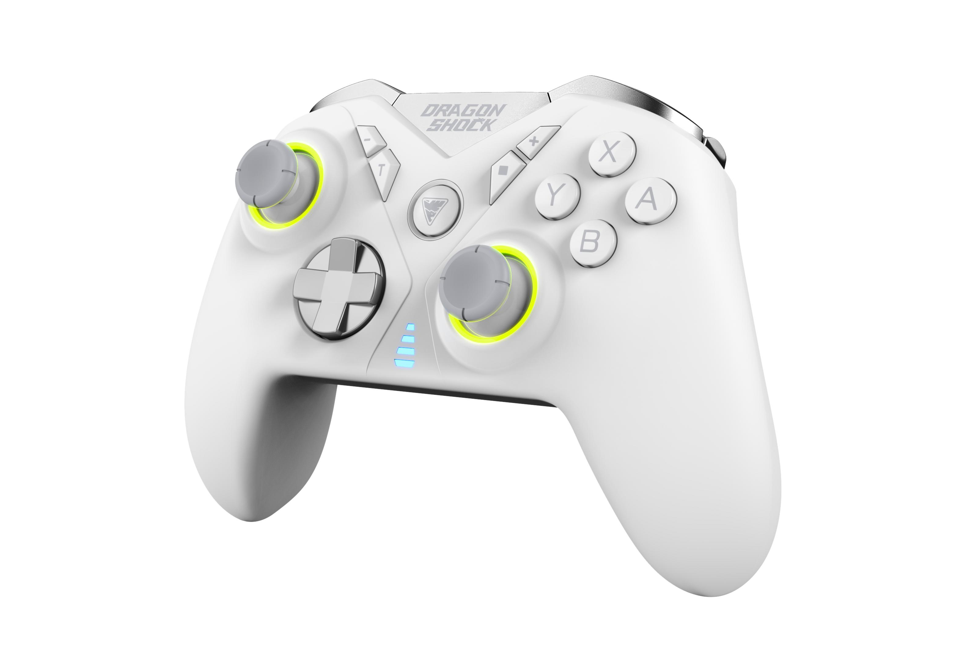 Weißer Dragon Shock Gaming-Controller mit silbernen Akzenten und leuchtenden Analogsticks auf weißem Hintergrund.