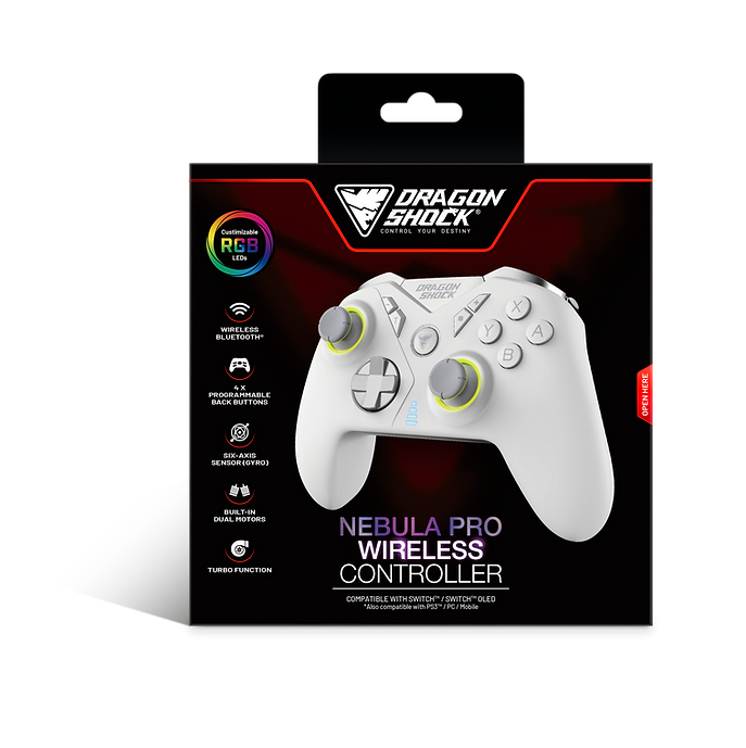 Verpackung des weißen Dragon Shock Nebula Pro Wireless Controllers mit Feature-Icons auf schwarzem Hintergrund.