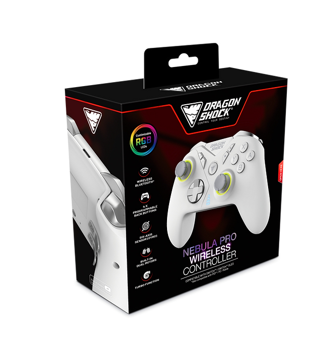 Verpackung f ür den kabellosen Dragon Shock Nebula Pro Controller in Weiß, mit Produktmerkmalen und Logo.