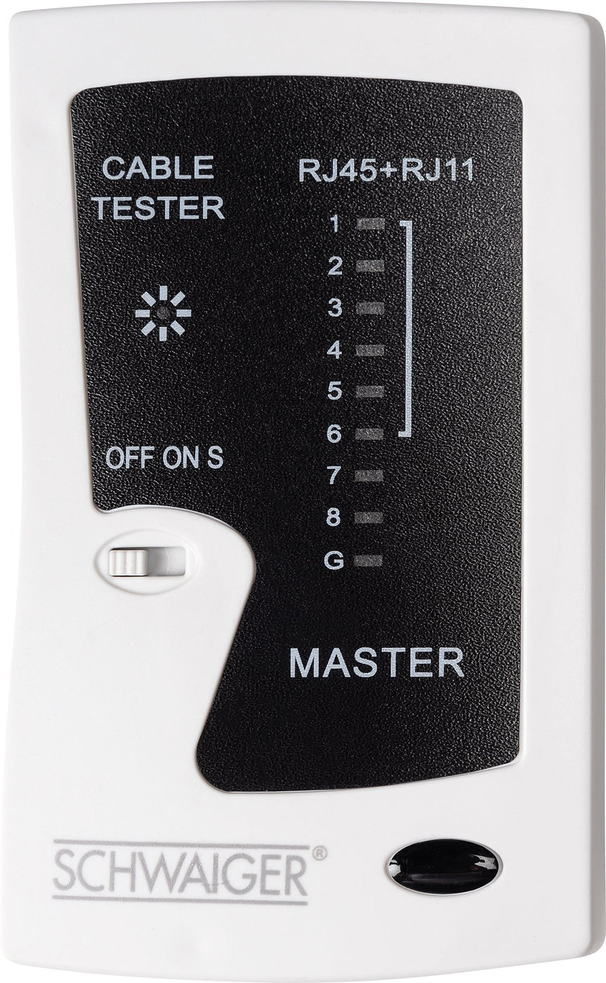 Weißer Schwaiger Kabeltester mit schwarzem Bedienfeld, RJ45- und RJ11-Anschlüssen sowie Schiebeschalter.