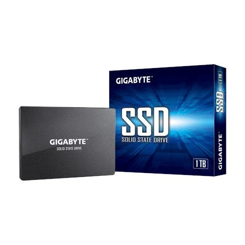 A Gigabyte 1TB solid state drive and its dark blue packaging on a white background.