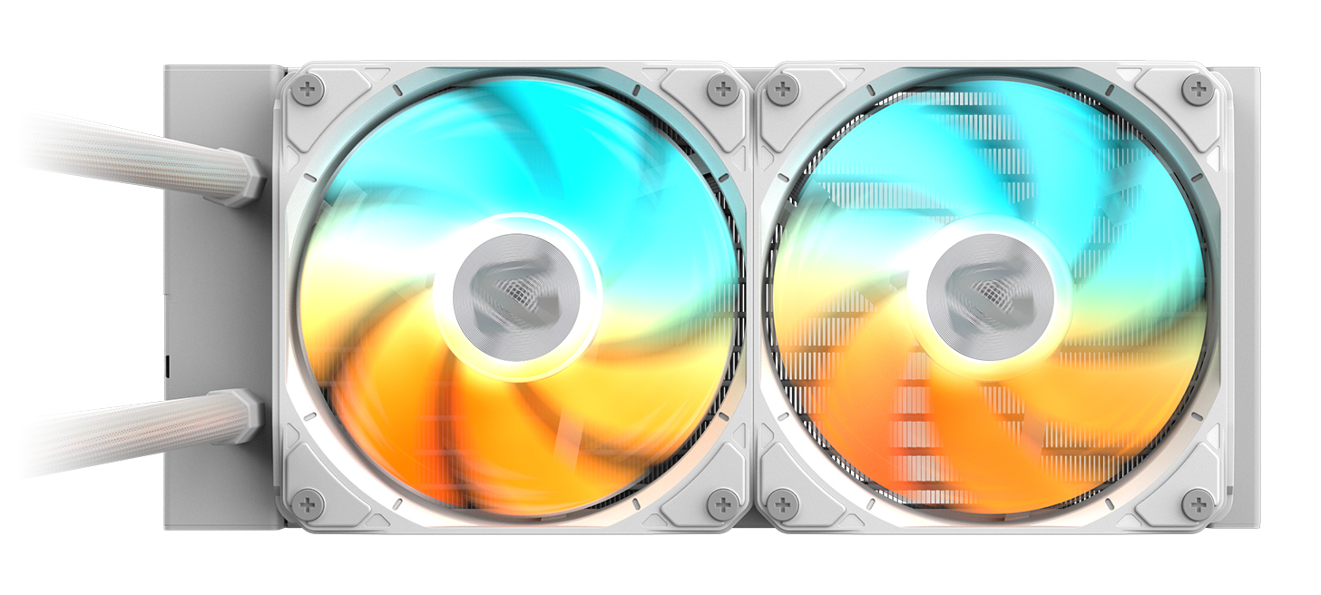 Weißer Dual-Flüssigkeits-CPU-Kühler mit lebendigen cyan- und orangefarbenen RGB-Lüftern.