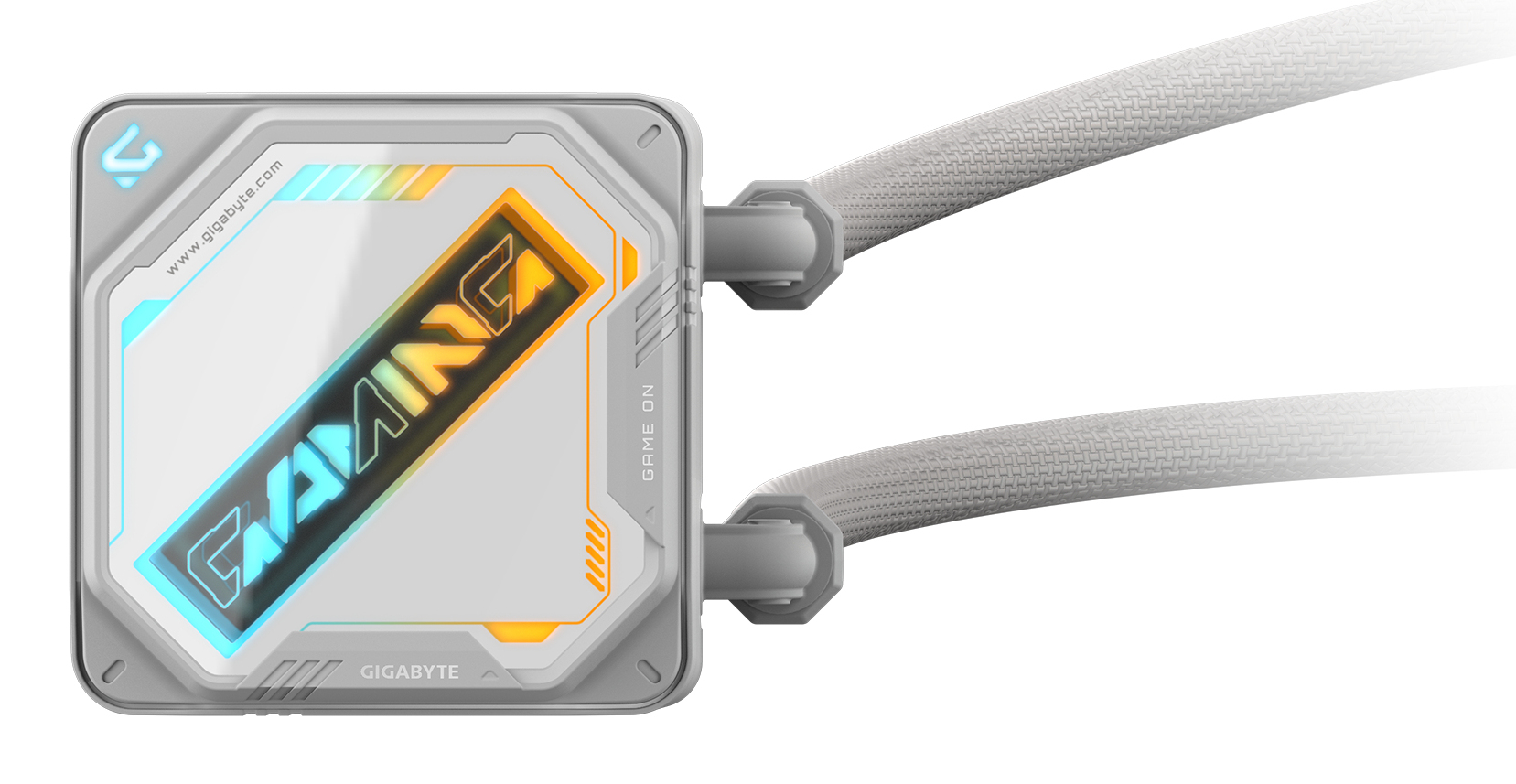 Weiße Gigabyte CPU-Wasserkühlung mit RGB-Beleuchtung und zwei geflochtenen Schläuchen.