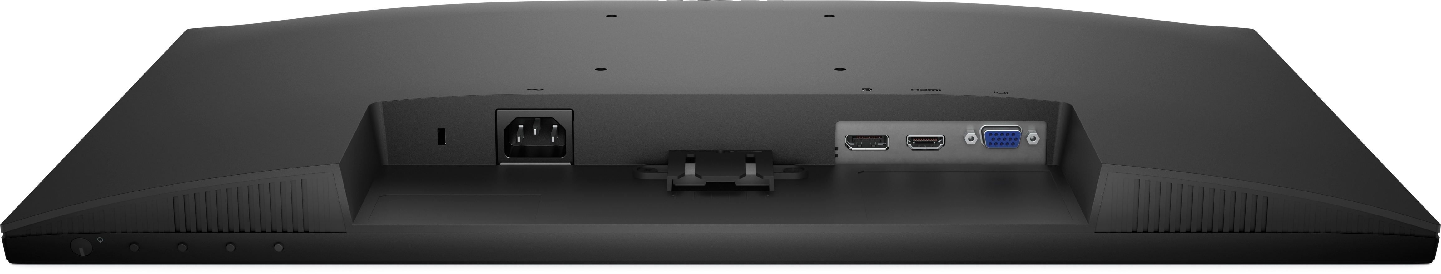 Widok z tyłu czarnego monitora z portami zasilania, HDMI i VGA.