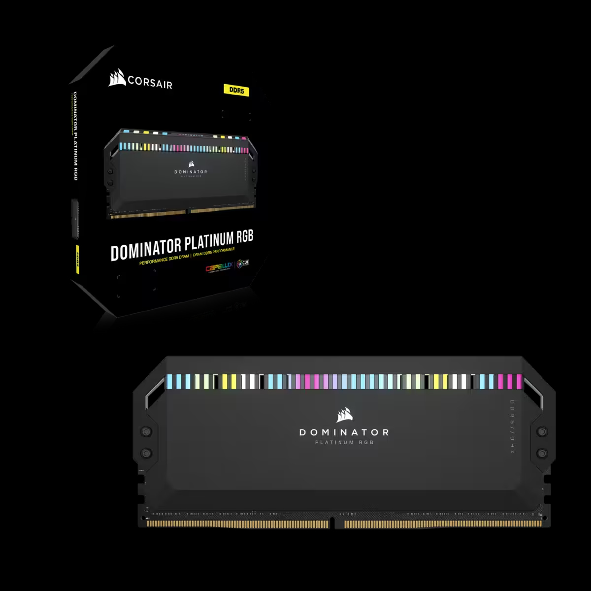 Modul pamieci RAM Corsair Dominator Platinum RGB DDR5 z opakowaniem na czarnym tle.