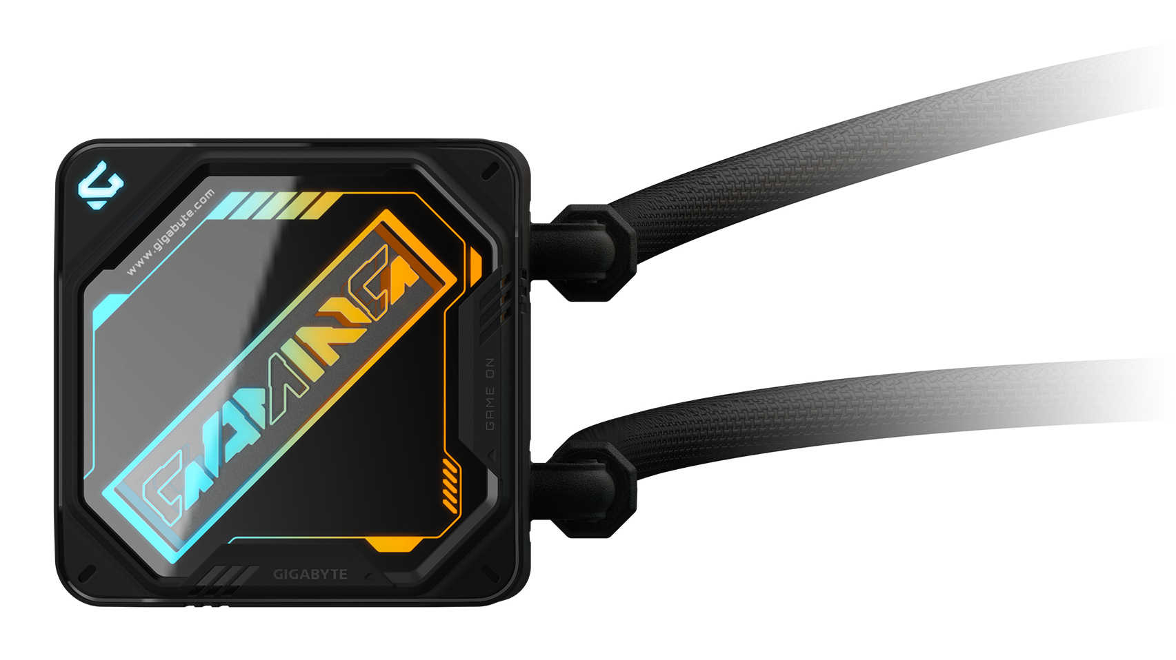 Schwarzer Gigabyte CPU-Wasserkühler mit RGB-Beleuchtung und zwei angeschlossenen Schläuchen.
