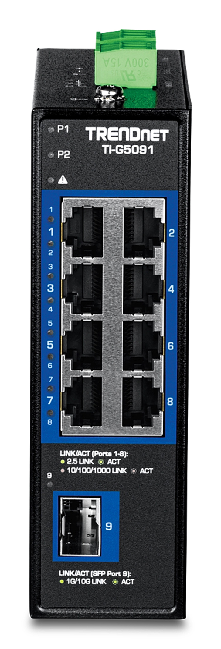 Trendnet TI-G5091 Industrienetzwerkschalter mit Ethernet- und SFP-Anschlüssen.