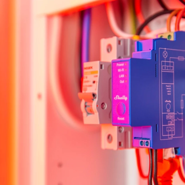 Primo piano di componenti elettronici e cavi colorati all'interno di un quadro elettrico.