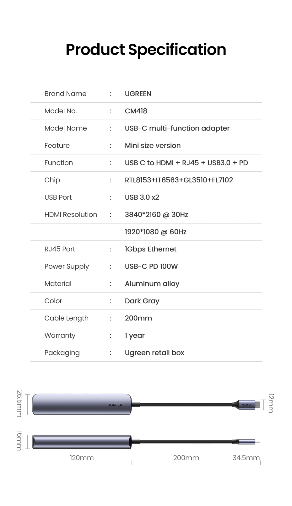 Product specifications and dimensions of a Ugreen USB-C multi-function adapter.