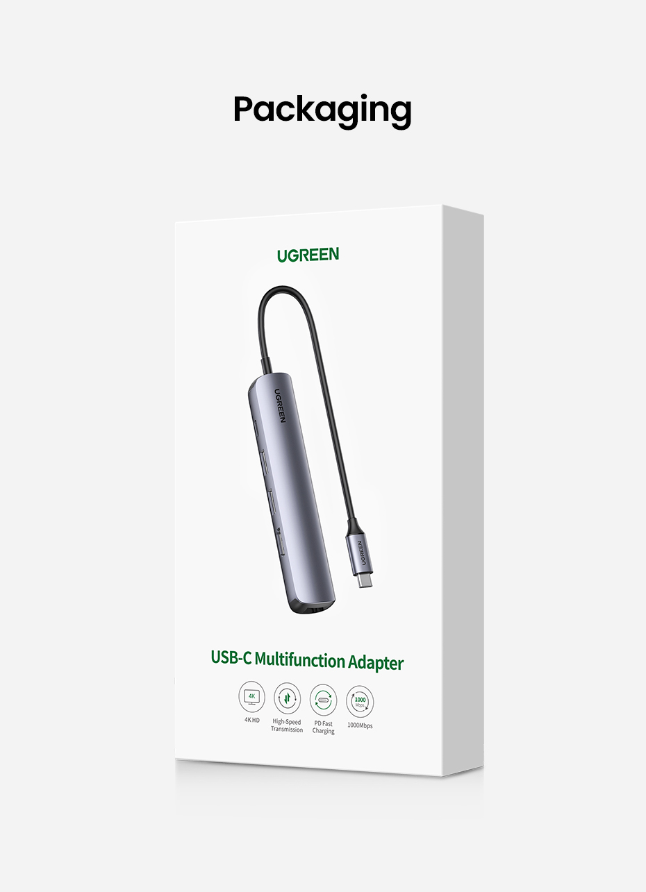 White packaging of a gray UGREEN USB-C Multifunction Adapter featuring a USB-C cable.