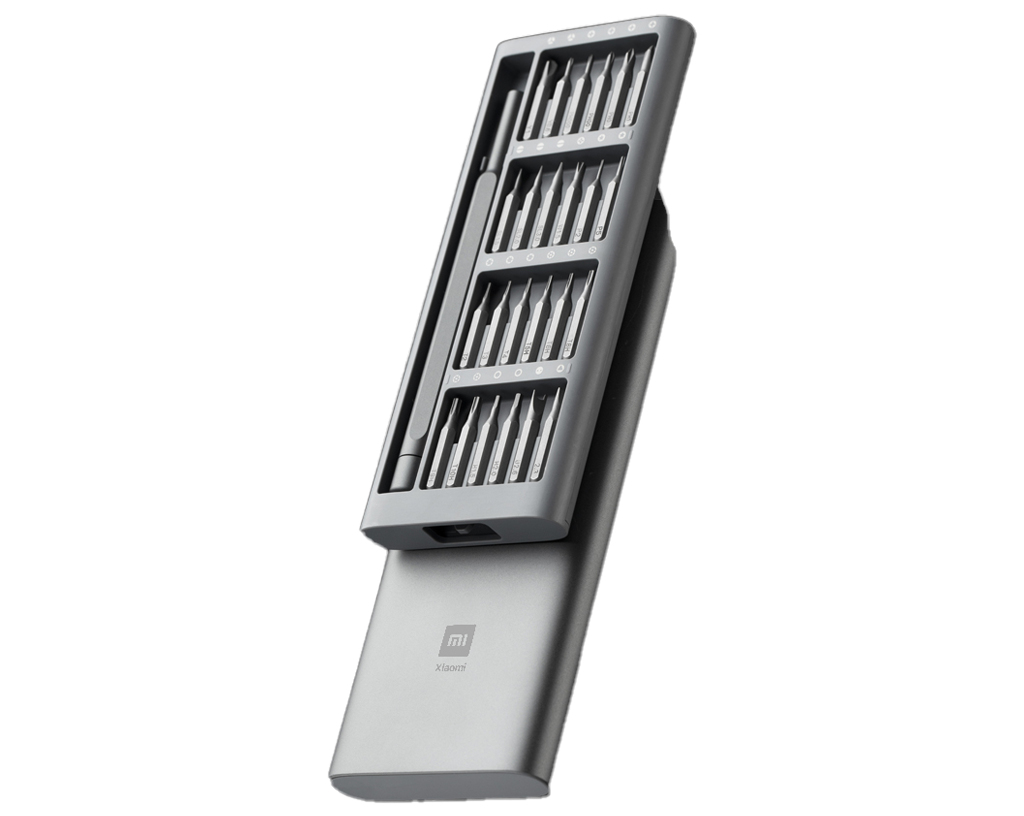 Un set di cacciaviti di precisione Xiaomi grigio con punte multiple e manico su sfondo bianco.