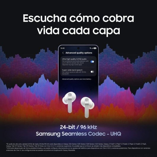 Smartphone con impostazioni audio, auricolari wireless e onde sonore colorate sullo sfondo.