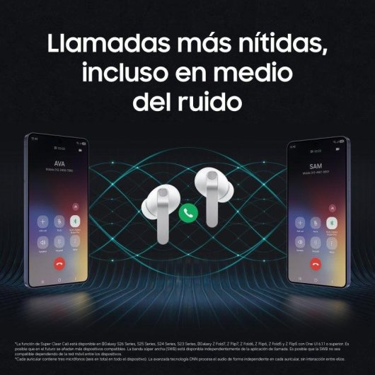 Due smartphone e auricolari bianchi su sfondo scuro con la scritta Llamadas más nítidas.