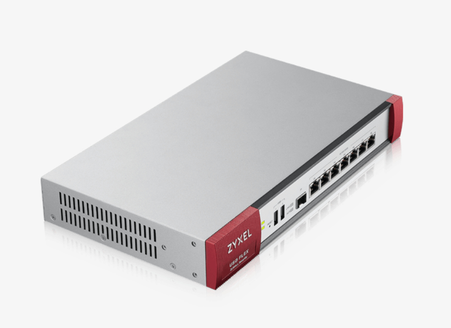 Grauer Zyxel USG FLEX Sicherheitsrouter mit roten Endkappen und Netzwerkanschlüssen auf einer weißen Oberfläche.