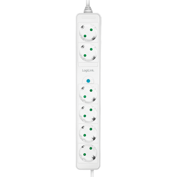 Une multiprise blanche LogiLink avec six prises et un voyant lumineux bleu.