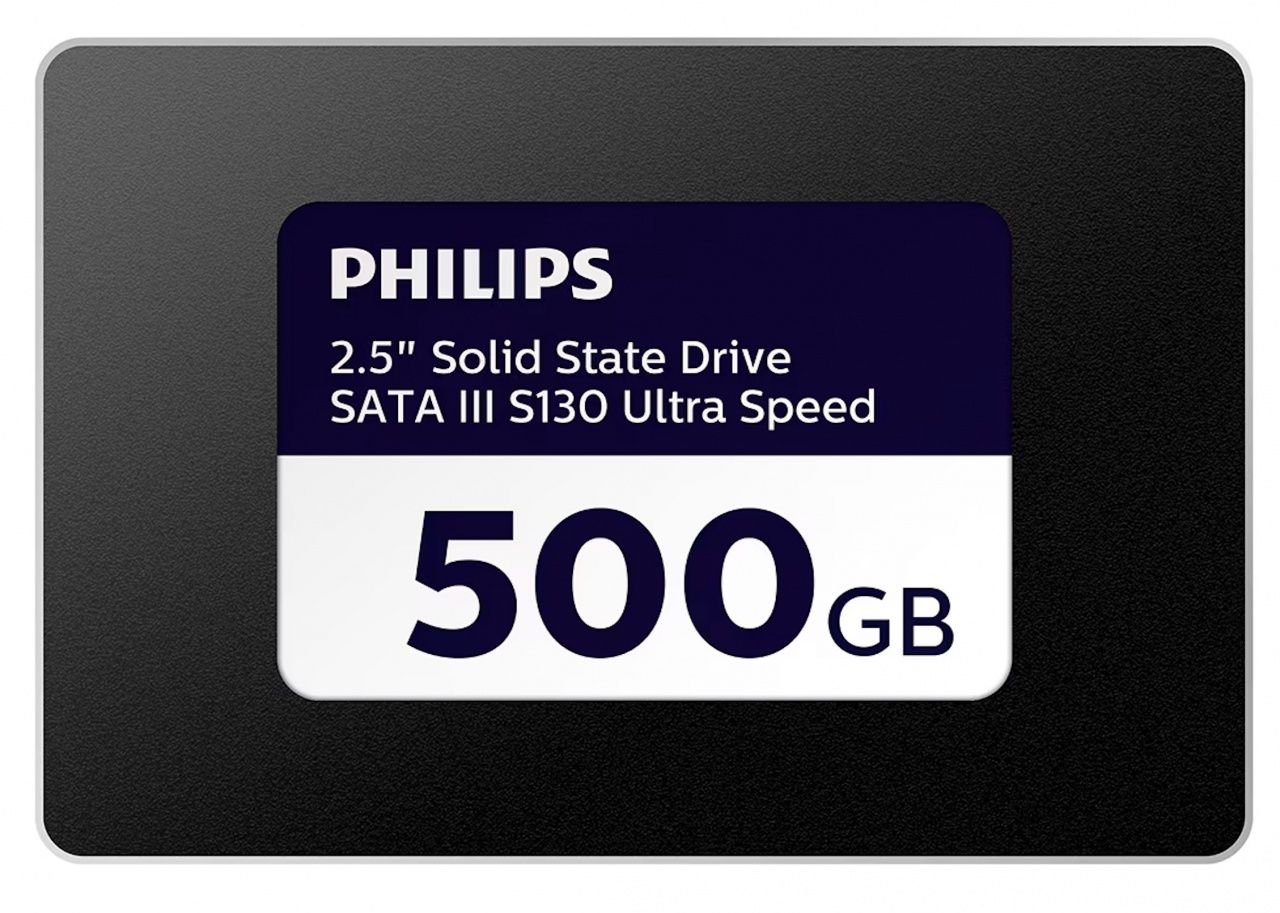 Eine Philips 500GB SSD Festplatte mit der Aufschrift 2.5 Zoll Solid State Drive SATA III S130 Ultra Speed.