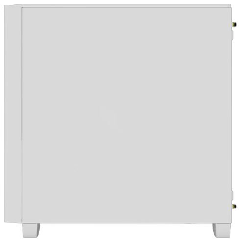 Seitenansicht eines minimalistischen, weißen Computergehäuses auf kleinen Füßen.