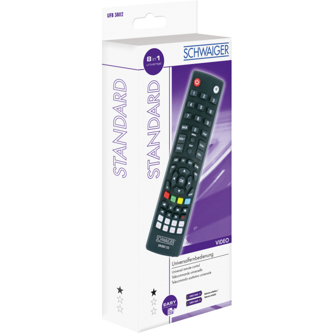Confezione del prodotto per un telecomando universale Schwaiger nero su fondo bianco con dettagli viola.