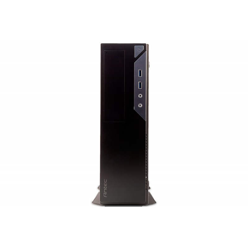 Gabinete de computadora negro Antec en posición vertical con puertos frontales sobre fondo blanco.