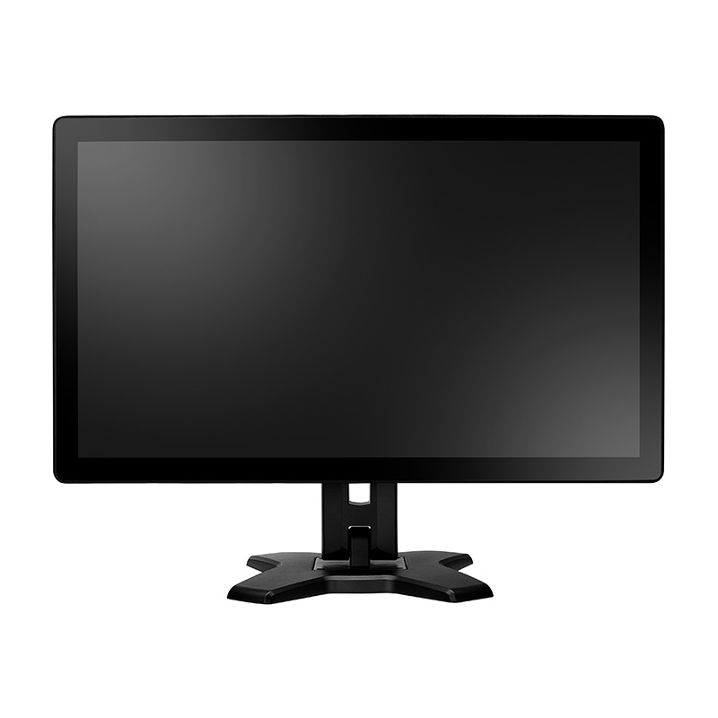 Ein schwarzer Computermonitor mit ausgeschaltetem Bildschirm steht auf einem Tisch vor einem weißen Hintergrund.