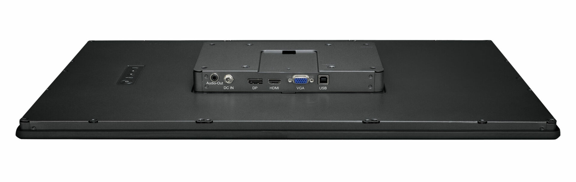 Rückseite eines Monitors mit Anschlüssen für Audio, Strom, DP, HDMI, VGA und USB.