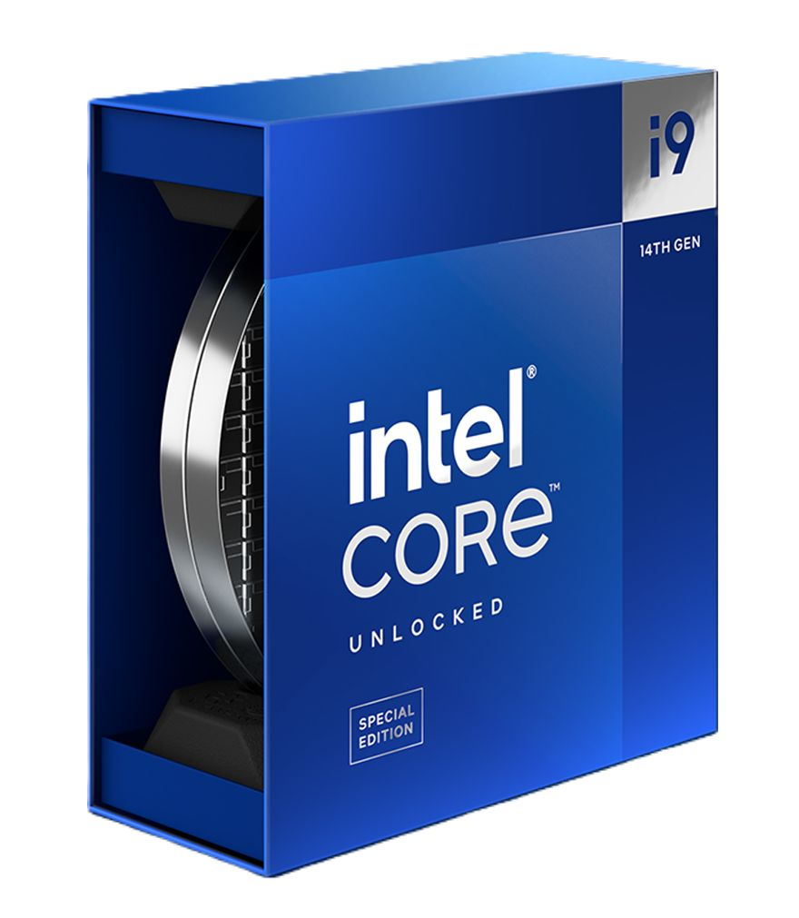 Niebieskie pudło procesora Intel Core i9 14th Gen Special Edition na białym tle.