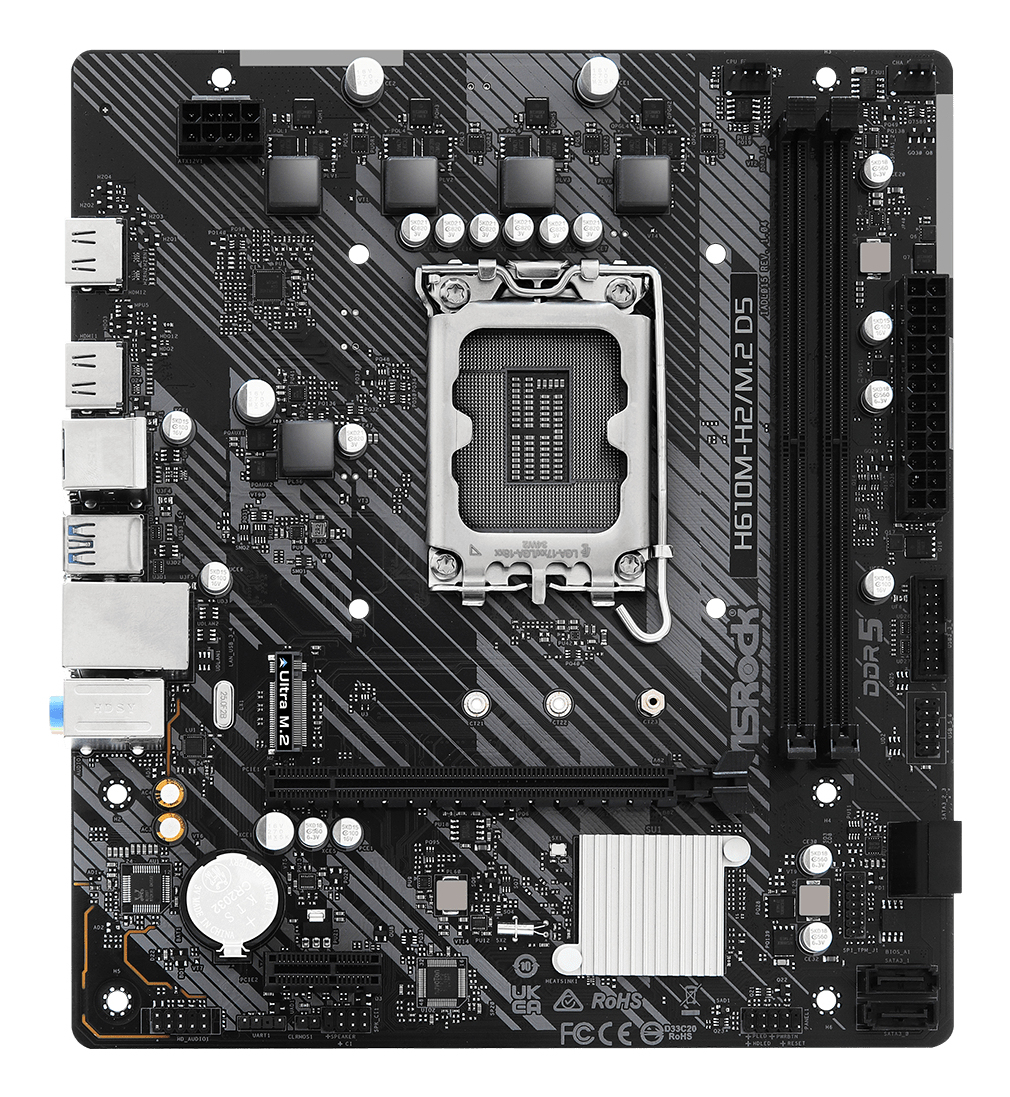 Immagine dettagliata di una scheda madre nera ASRock H610M con socket CPU, slot RAM e varie porte.