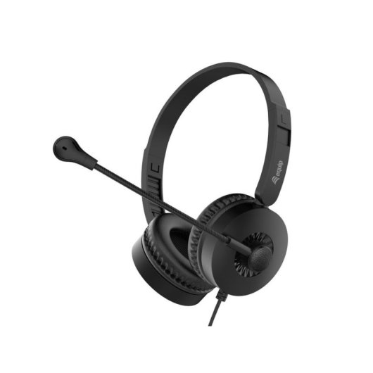 Auriculares supraaurales negros con diadema y brazo de micrófono ajustable sobre fondo blanco.
