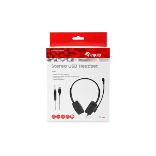 Envase de producto de unos auriculares estéreo USB equip con imagen de auriculares sobre fondo blanco y rojo.