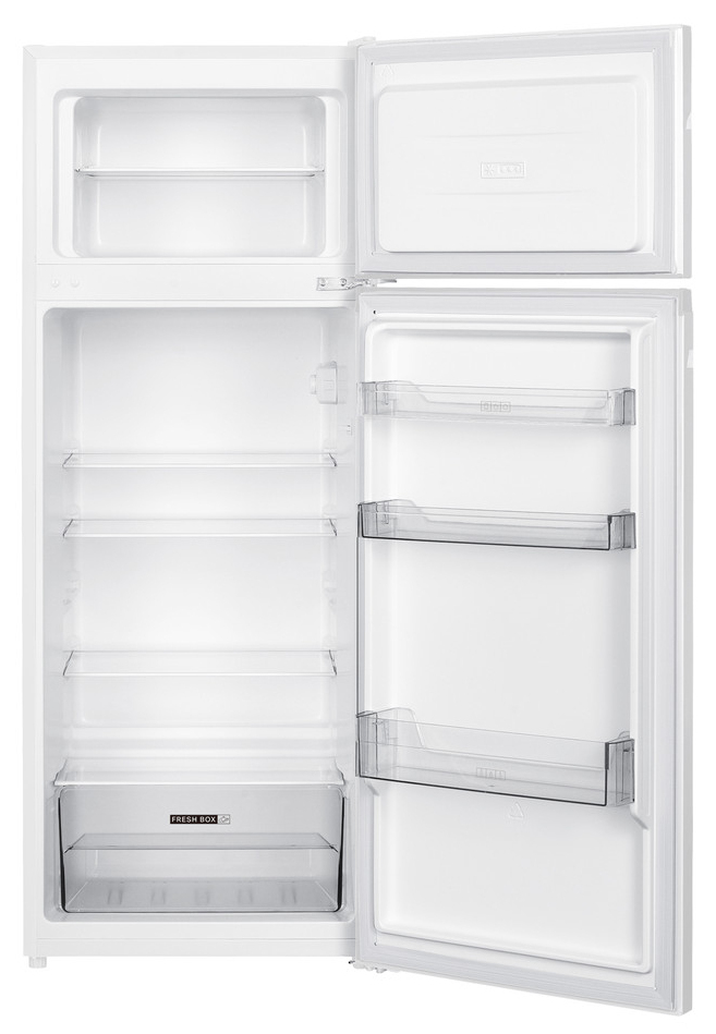 Un frigorifero bianco con congelatore superiore aperto e scomparto principale inferiore con ripiani.