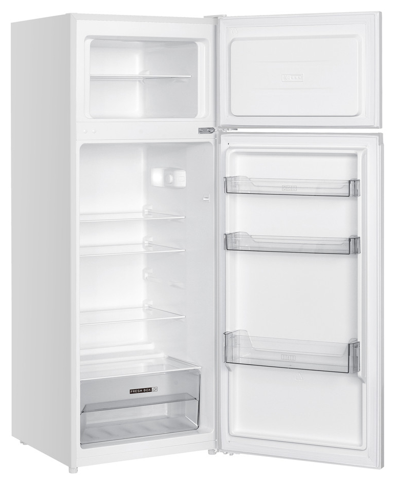 Un frigorifero bianco con congelatore superiore aperto e scomparto principale con ripiani e balconcini.