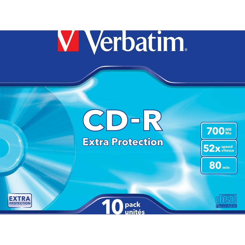 Verbatim CD-R 10er Pack Verpackung in Blau mit hellblauen CD-Grafiken und technischen Daten.