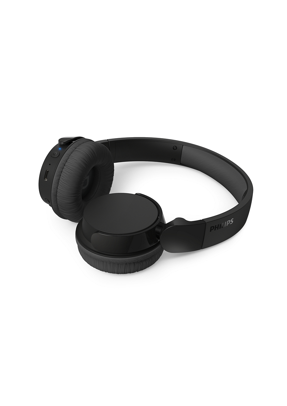 Schwarze kabellose Philips On-Ear-Kopfhörer auf weißem Hintergrund.