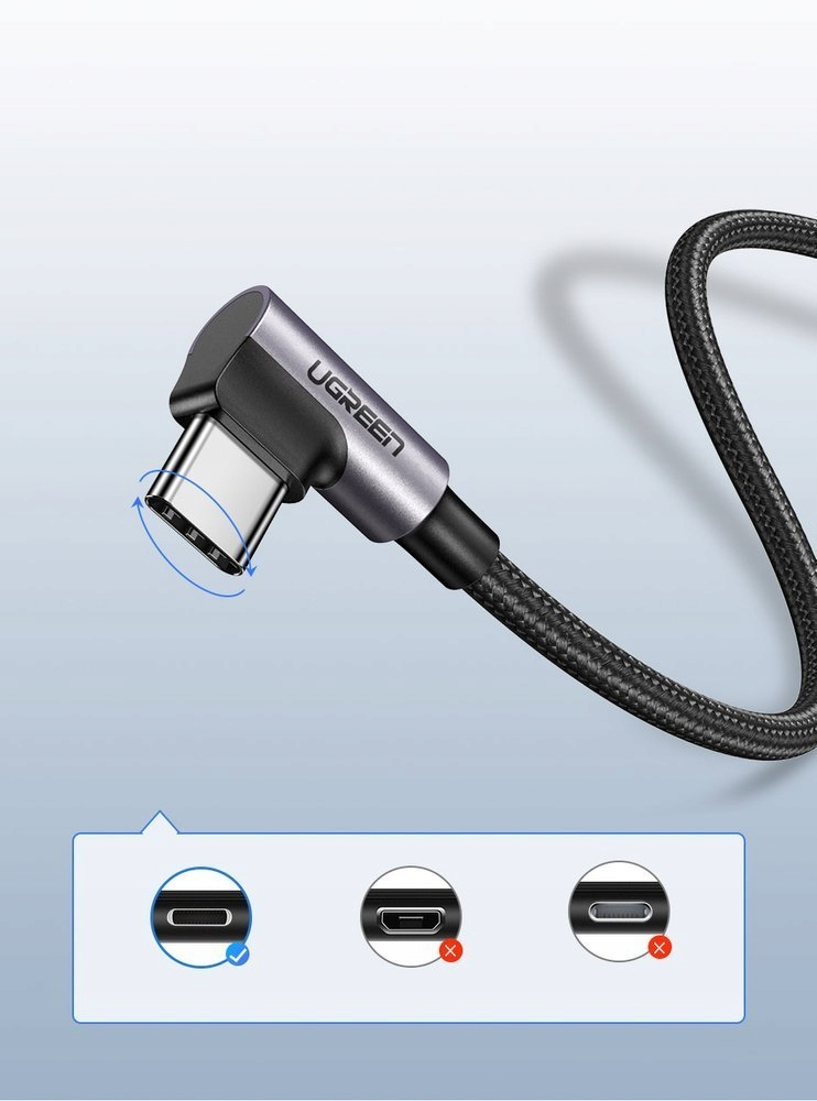 Zakrzywiony kabel USB-C UGREEN z szarą metalową obudową i trzema ikonami porównania portów.