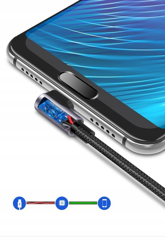 Czarny kabel ładujący jest podłączony do smartfona, ukazując przezroczyste wnętrze złącza.