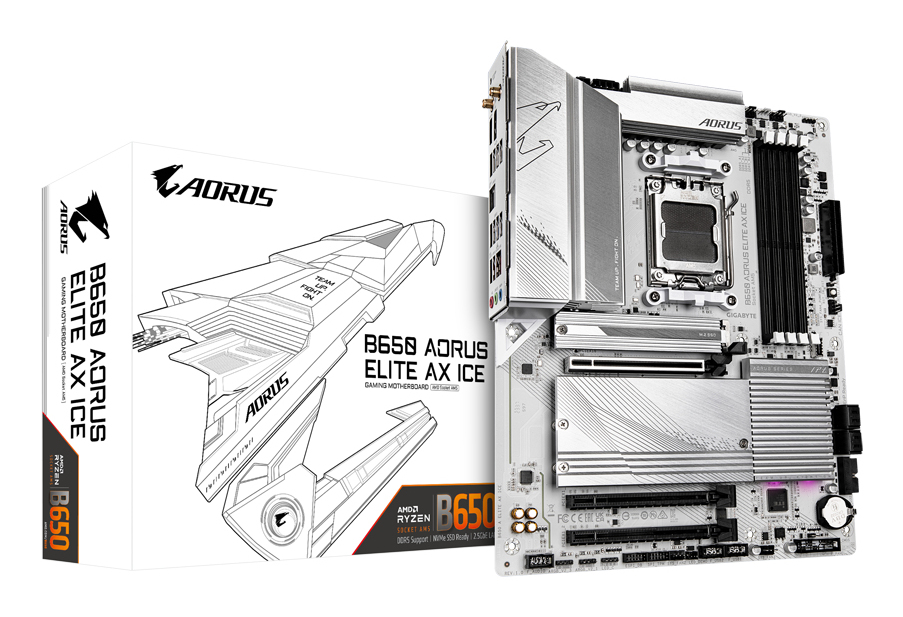Una scheda madre da gioco bianca Aorus B650 Elite AX Ice si trova accanto alla sua scatola su sfondo bianco.