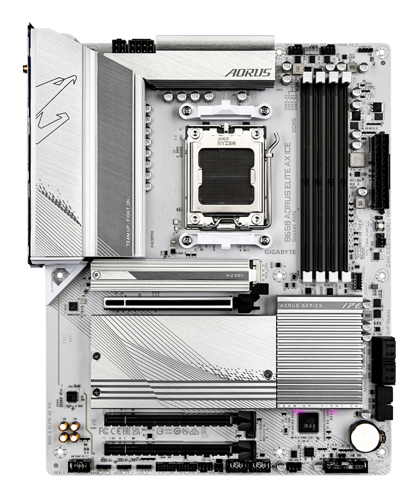 Scheda madre bianca Gigabyte Aorus con dissipatori argentati e socket AMD.